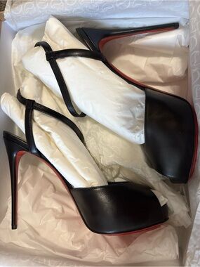 Christian Louboutin Black Leather Platform Slingback Heels with Red Sole